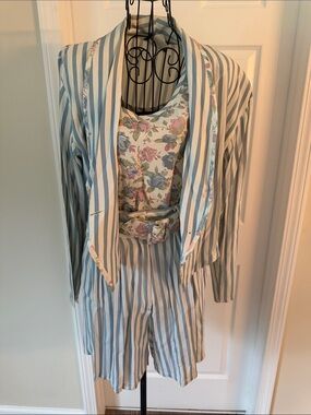 3 pc set Status Anxiety Blue and White Striped Jumpsuit with Floral Bodice
